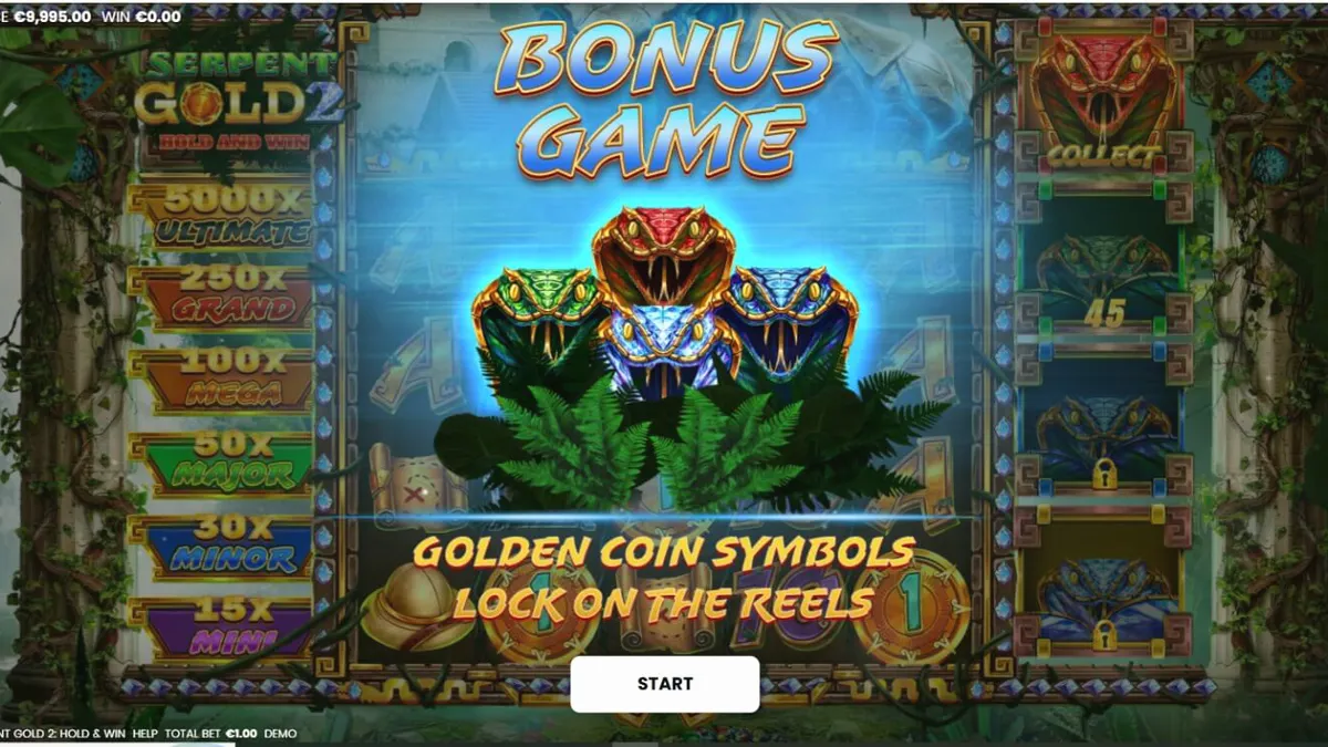 Tampilan visual slot Serpent Gold 2: Hold and Win dengan tema hutan dan ular emas
