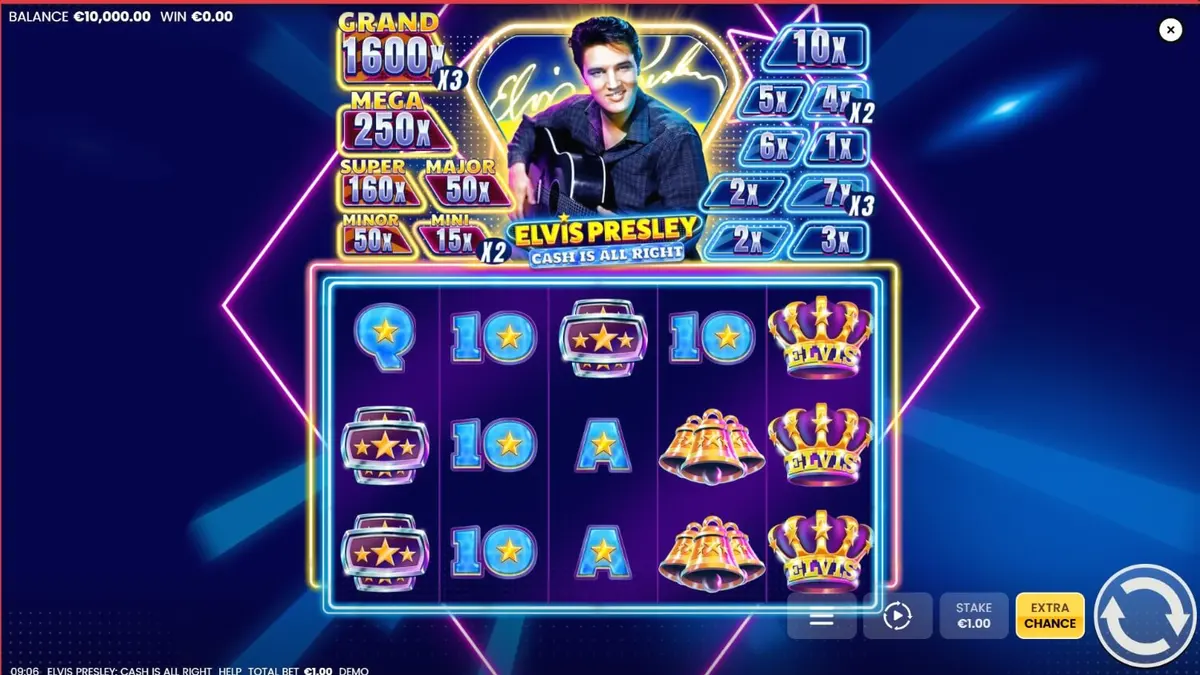 Tampilan visual slot Elvis Presley: Cash is All Right dengan tema neon Las Vegas
