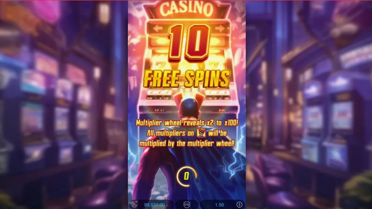 Pahlawan super di latar belakang kota neon dalam slot Super Wildrix