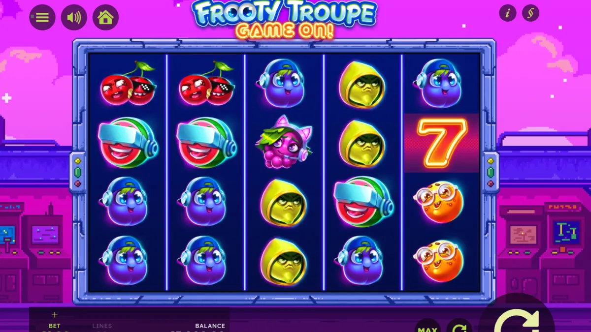 Tampilan visual slot Frooty Troupe dengan tema buah retro dan gaya pixel art
